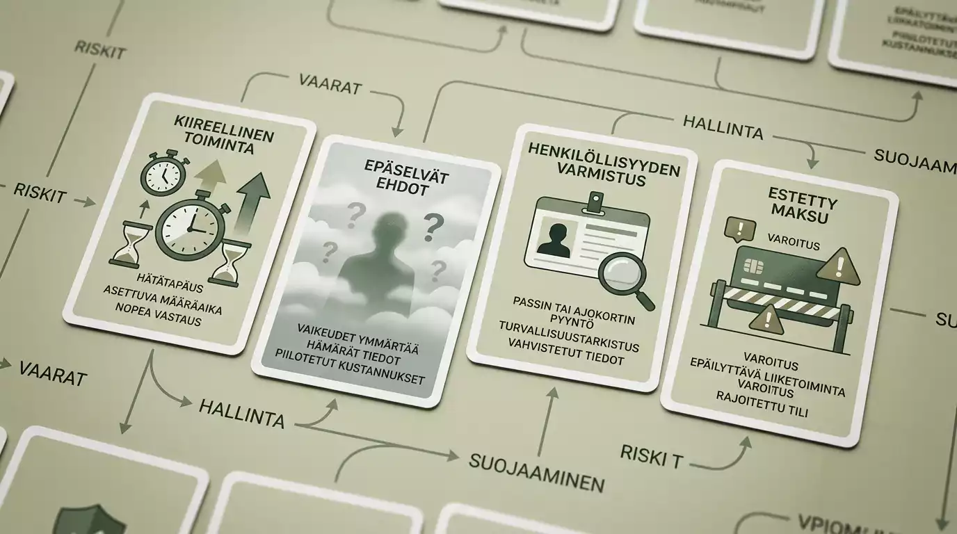 Kortteja, joissa kuvataan kasinopalvelun riskimerkkejä